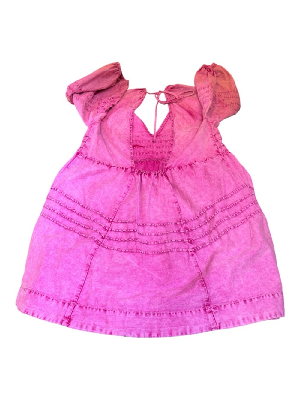 Free People Pink Babydoll Mini Dress Puff Sleeve Boho Acid Wash Size Large - Picture 6 of 11